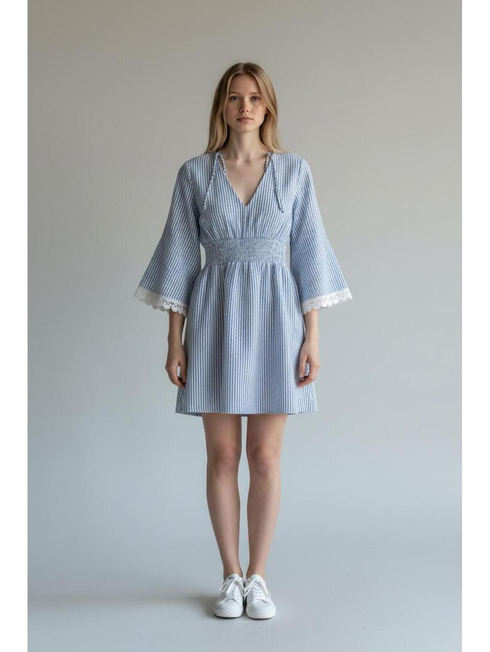 Venus Blue and White Striped V-Neck Bell Sleeve Mini Dress Size 6